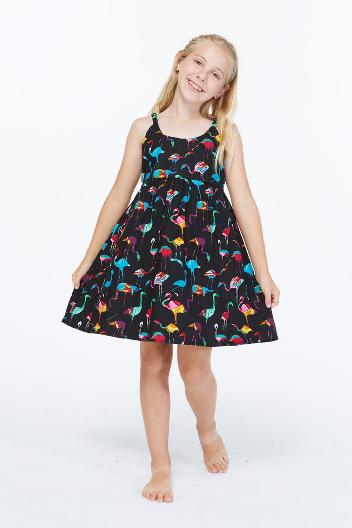 Girl Classic Empire Dress with Elastic Strap in Flamingo Party Black