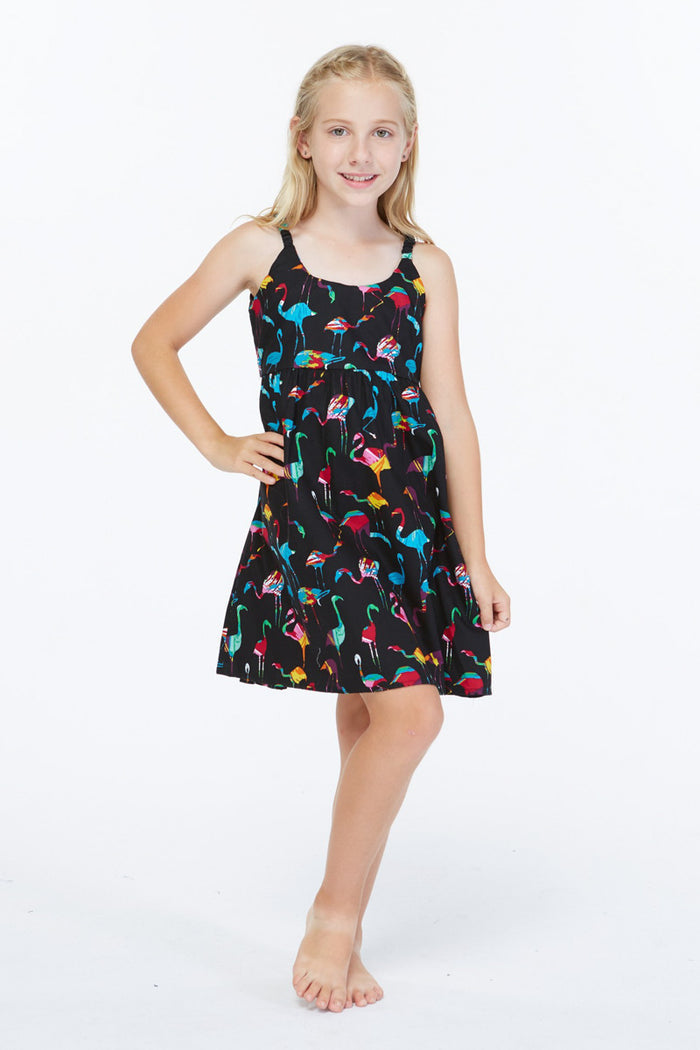Girl Classic Empire Dress with Elastic Strap in Flamingo Party Black