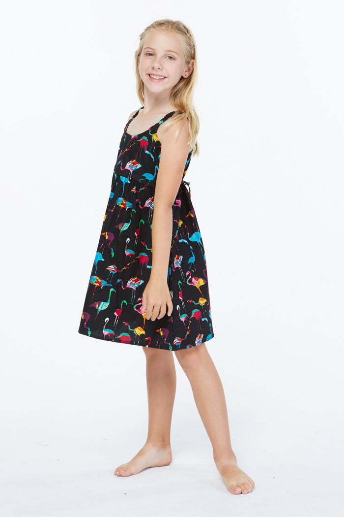 Girl Classic Empire Dress with Elastic Strap in Flamingo Party Black