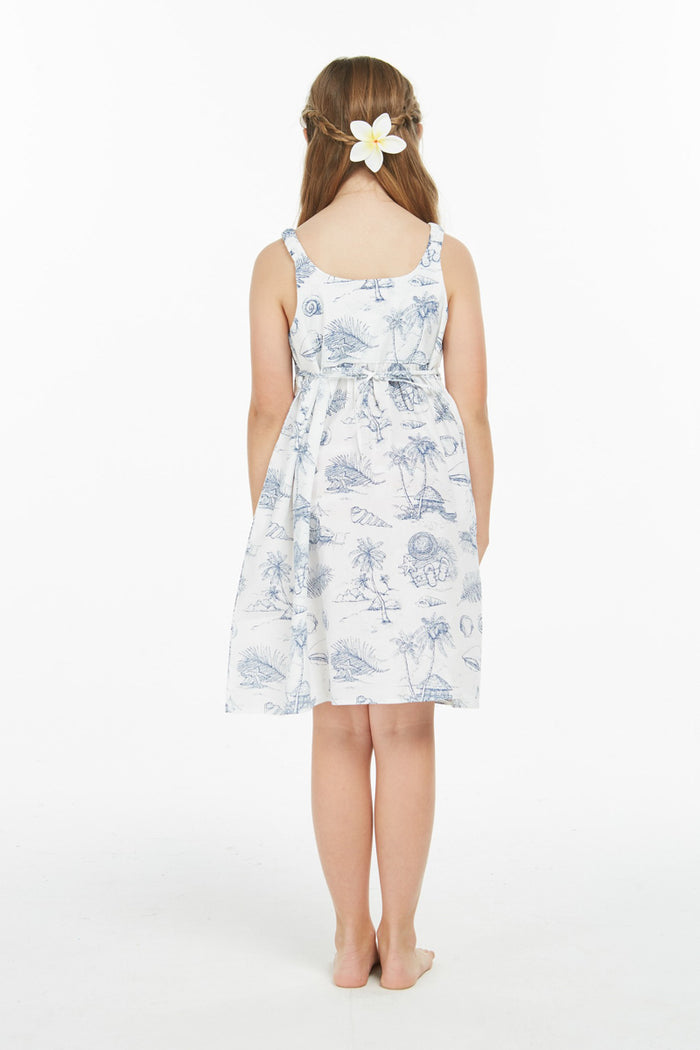 Girl Classic Empire Dress with Elastic Strap in Vintage Tropical Toile