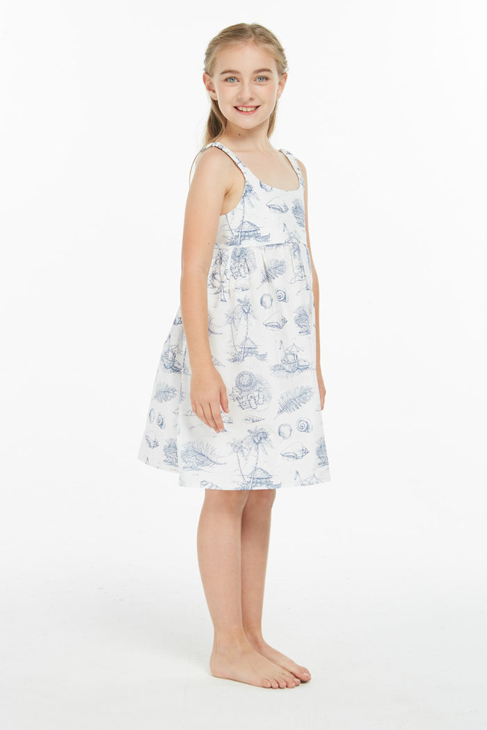 Girl Classic Empire Dress with Elastic Strap in Vintage Tropical Toile