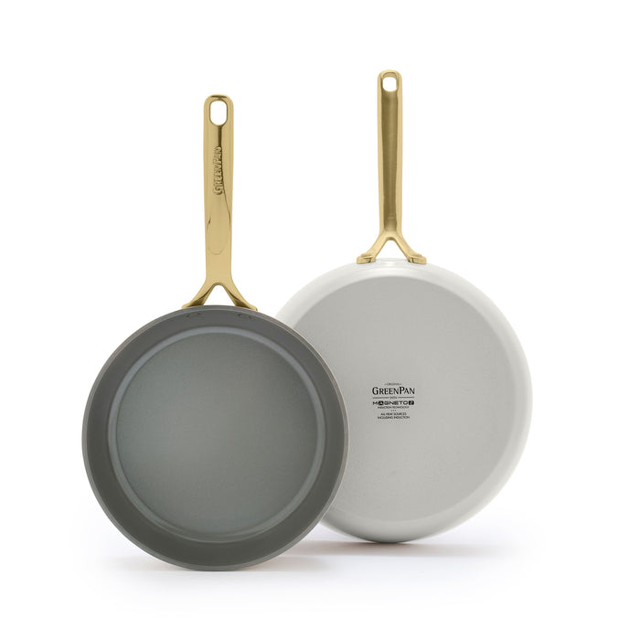 Ceramic nonstick frypan set in cloud cream with gold handles, gray interior, and visible brand label.