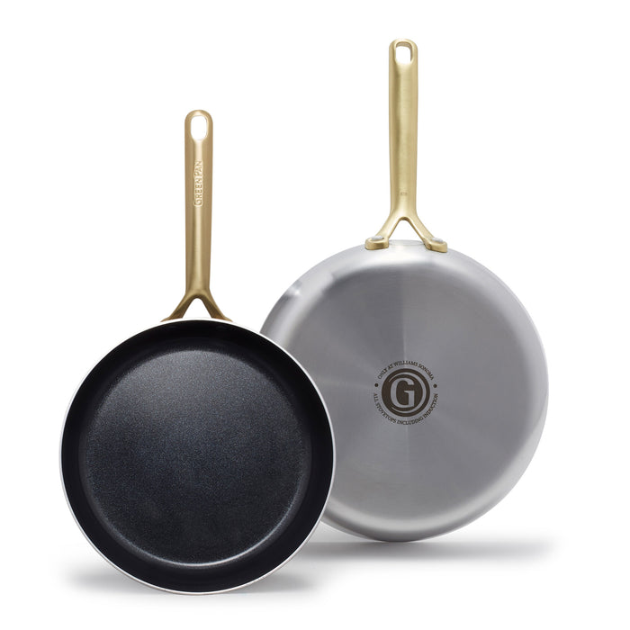 Set of two stainless steel frypans, 10 and 12, with champagne-colored handles and shiny silver bases.