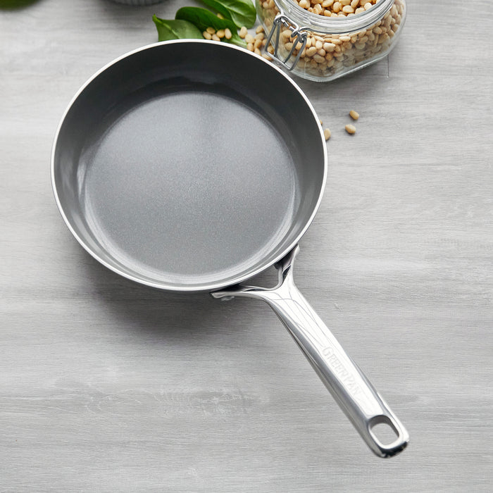 Stainless steel 8-inch frypan with mirror handle on a light countertop, next to pine nuts and green leaves.
