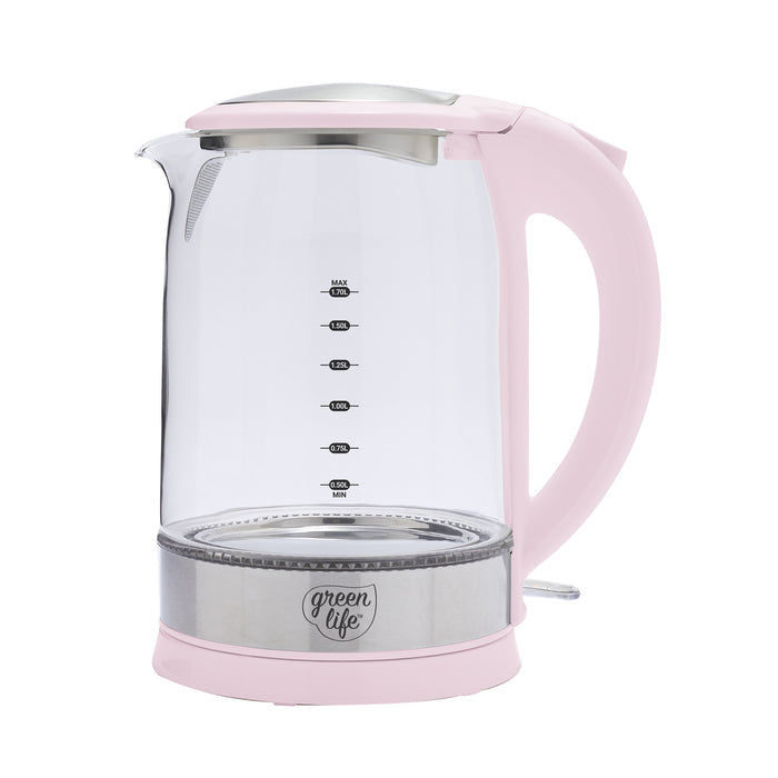 Clear glass electric kettle with pink handle and base, 1.7L capacity, visible water level markings.