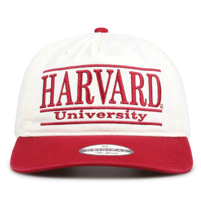 Harvard Original Bar snapback hat with embroidered school design, front view