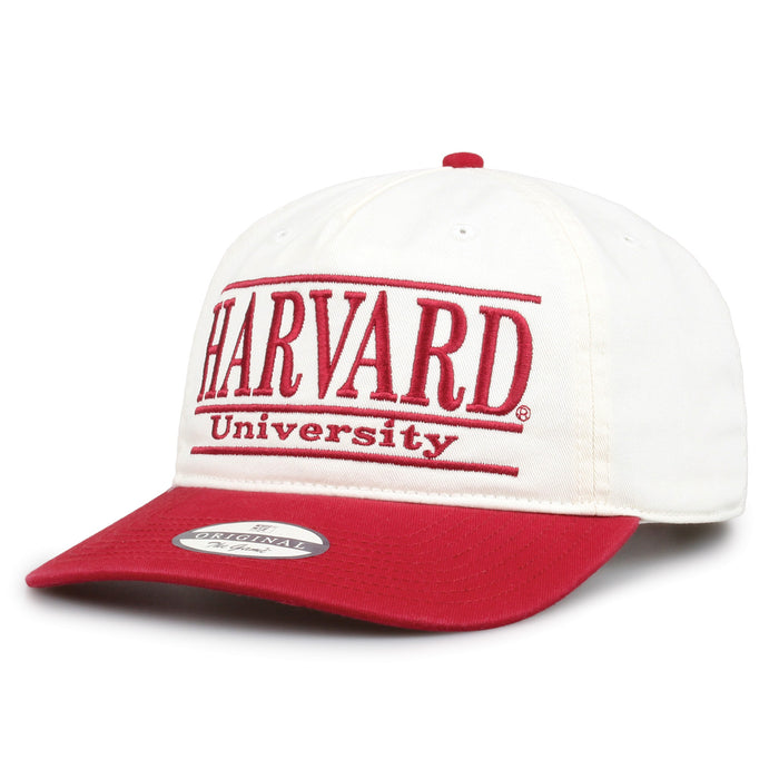 Harvard Original Bar snapback hat showing embroidered front design and curved brim, angled view
