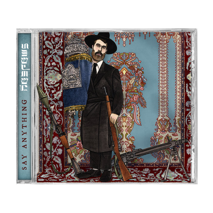 An illustrated CD cover for Say Anything’s Hebrews features a man in traditional Jewish attire holding a Torah scroll, standing on an ornate carpet with three rifles at his feet; the spine lists tracks in another language.