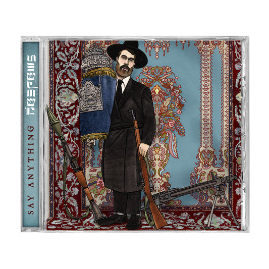 An illustrated CD cover for Say Anything’s Hebrews features a man in traditional Jewish attire holding a Torah scroll, standing on an ornate carpet with three rifles at his feet; the spine lists tracks in another language.