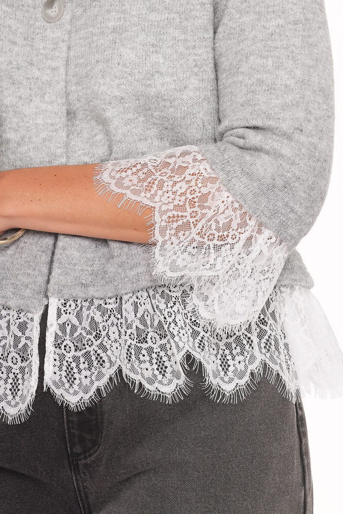 Petal and Pup USA KNITWEAR Helga Lace Trim Cardigan - Grey