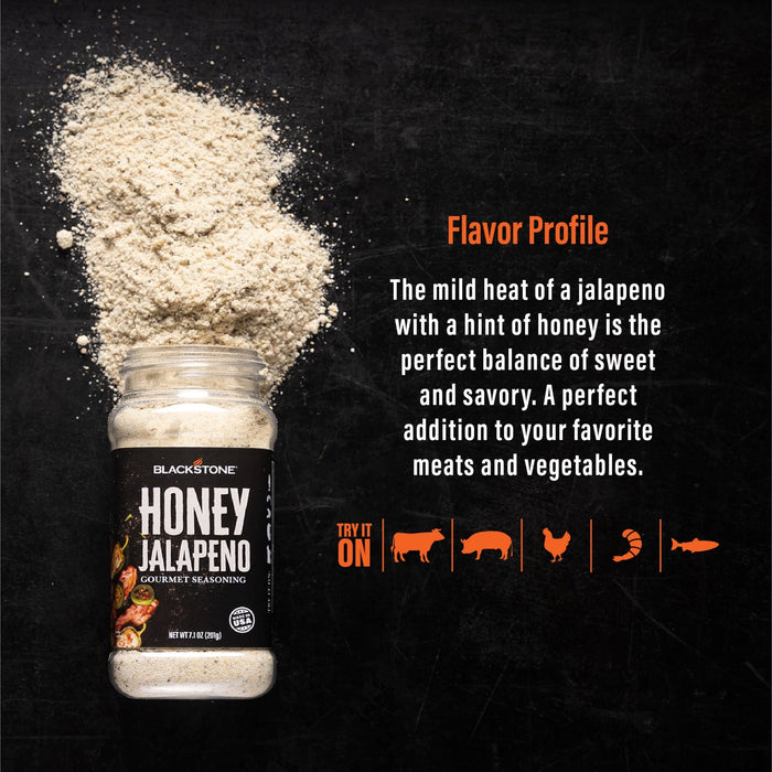The mild heat of a jalpeno with a hint of honey is the perfect balance of sweet and savory. A perfect addition to your favorite meats and vegetables. Try it on beef, pork, chicken, shrimp, and fish.
