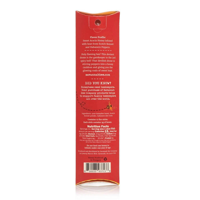 Hot Honey Fire Sticks 12 pack from Savannah Bee Company. Back view of package label.
