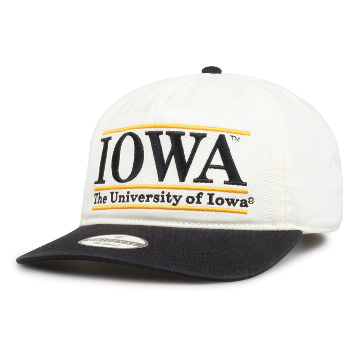 Iowa Original Bar snapback hat showing embroidered front design and curved brim, angled view