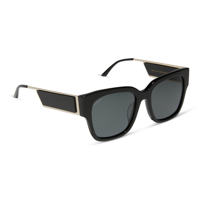 diff eyewear isabella square sunglasses with a black frame and grey polarized lenses angled view