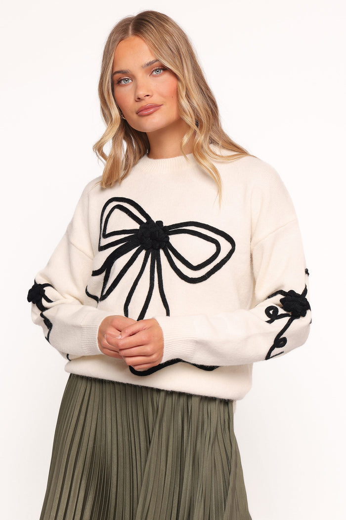 Petal and Pup USA KNITWEAR Isiora Bow Embroidered Knit Sweater - Cream