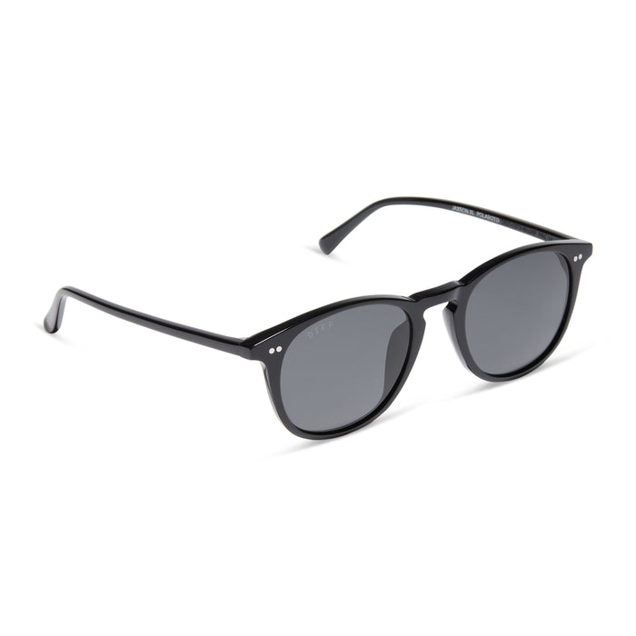 diff eyewear jaxson extra large square sunglasses in a black frame with a solid grey polarized lens angled view