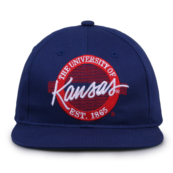 Kansas Retro Circle snapback hat in royal blue, front view