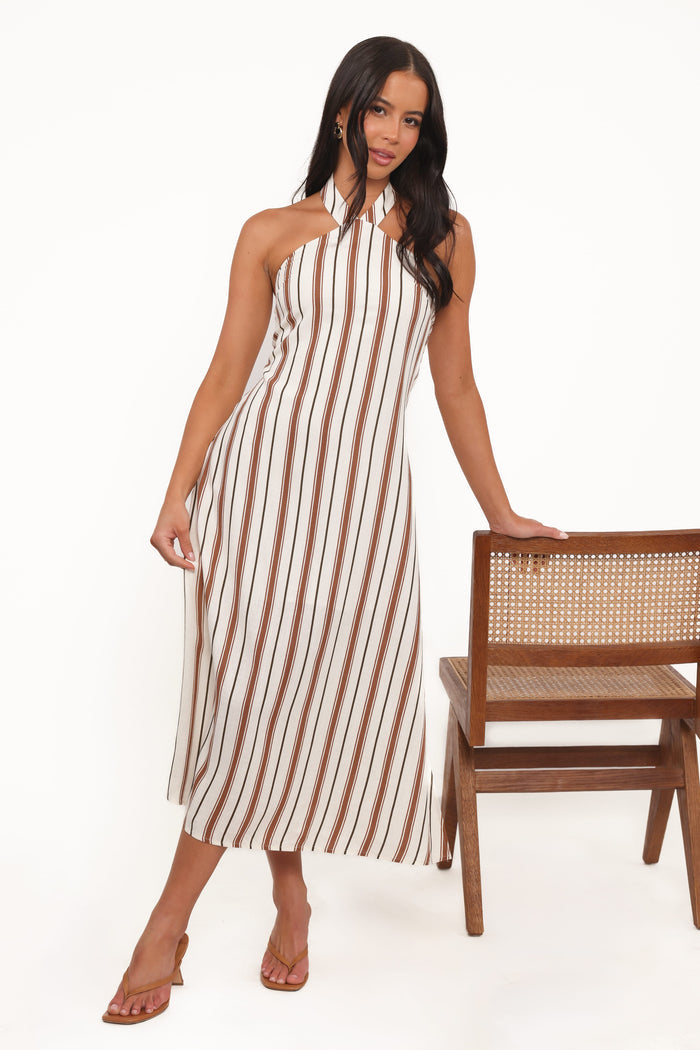 Petal and Pup USA DRESSES Katherine Midi Dress - Brown Stripe