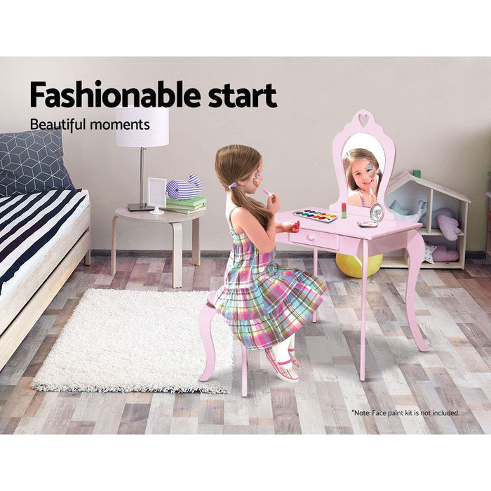 Keezi Kids Dressing Table Stool Set Vanity Mirror Princess Children Makeup Pink -Home Living Store - -