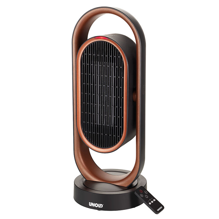 Der Unold KERAMIK-HEIZLÜFTER 3D ist ein moderner, ovaler Heizlüfter in Schwarz und Bronze mit vertikalem Grill auf rundem Sockel. Neben dem Sockel befindet sich eine kompakte Fernbedienung mit der Aufschrift „Unold“.