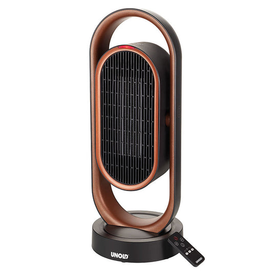 Der Unold KERAMIK-HEIZLÜFTER 3D ist ein moderner, ovaler Heizlüfter in Schwarz und Bronze mit vertikalem Grill auf rundem Sockel. Neben dem Sockel befindet sich eine kompakte Fernbedienung mit der Aufschrift „Unold“.