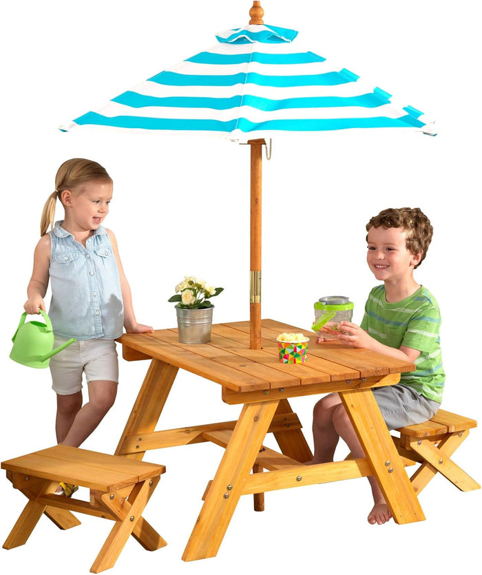 KidKraft Outdoor Wooden Table And Bench Set With Striped Umbrella