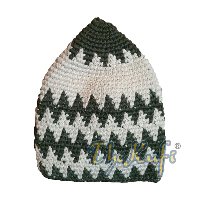 Kids Hand Crocheted Cotton Light Army Green & Cream Zigzag Kufi Hat