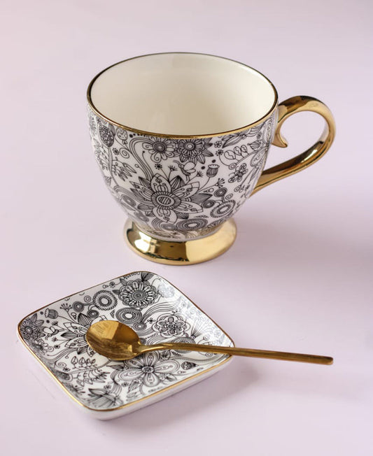 Kitchen Life Black Flower Cup & Saucer 3 Piece Set - Gold Rim