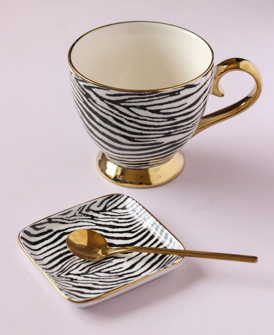 Kitchen Life Tiger Stripe Cup & Saucer 3 Piece Set - White With Black Stripes