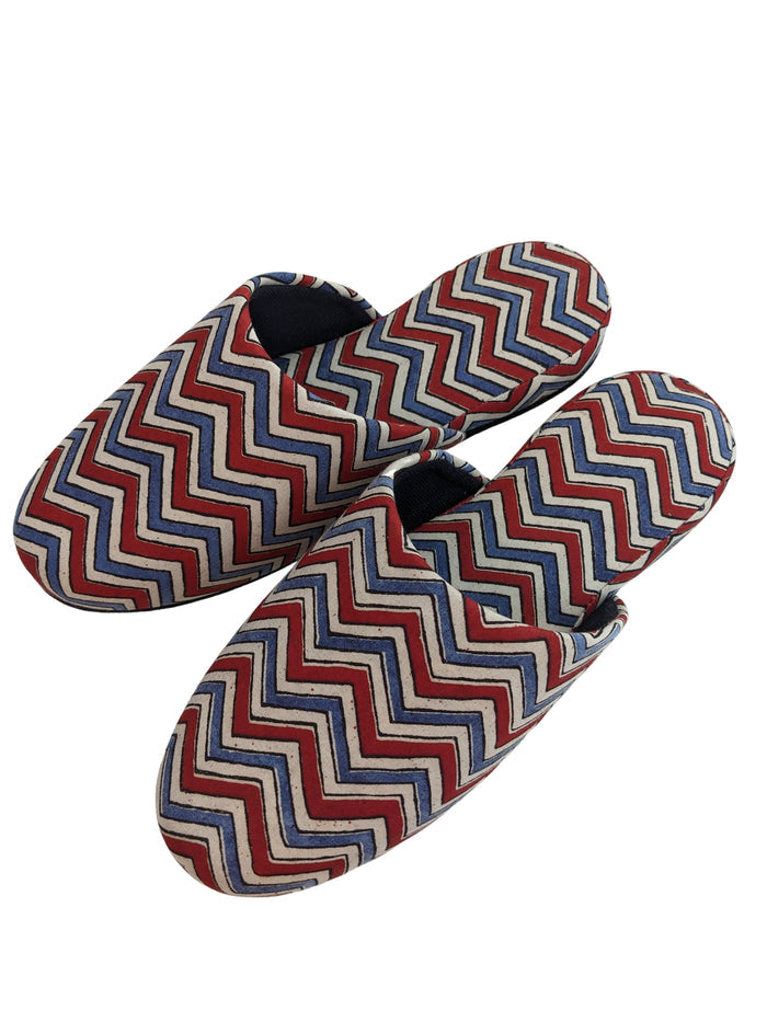 Large Block Printing Flowers Mix Slippers [Black wool felt soles] LF2208 [Size Large] zigzag - Heiwa Slipper