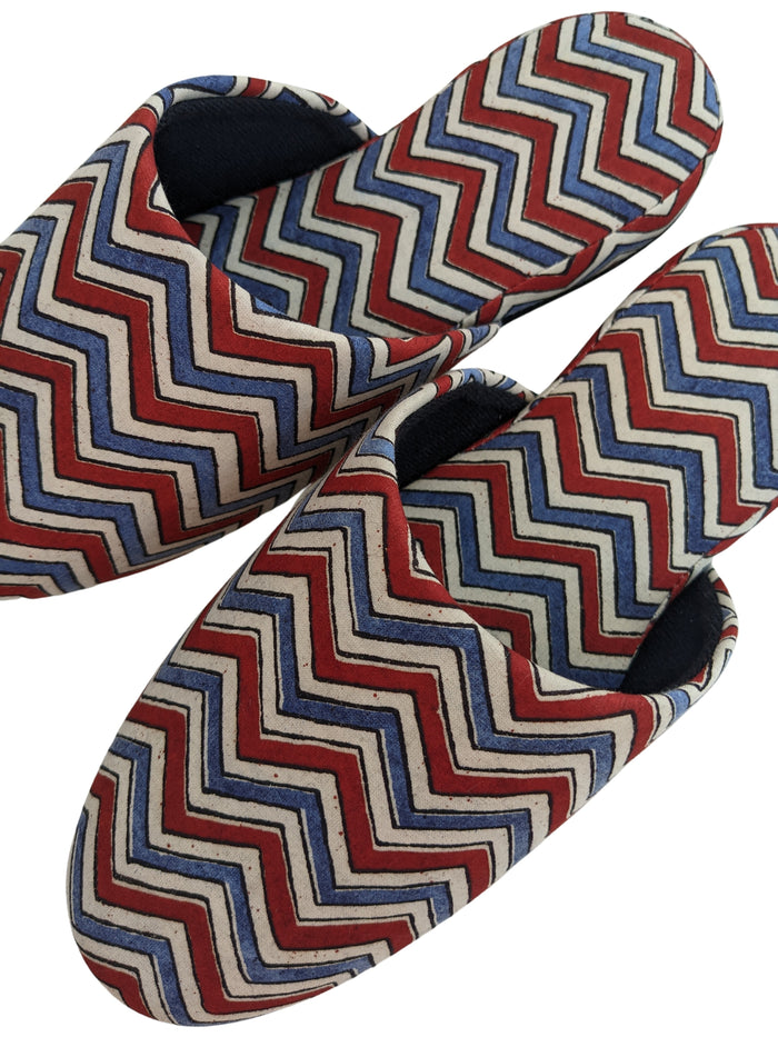 Large Block Printing Flowers Mix Slippers [Black wool felt soles] LF2208 [Size Large] zigzag - Heiwa Slipper