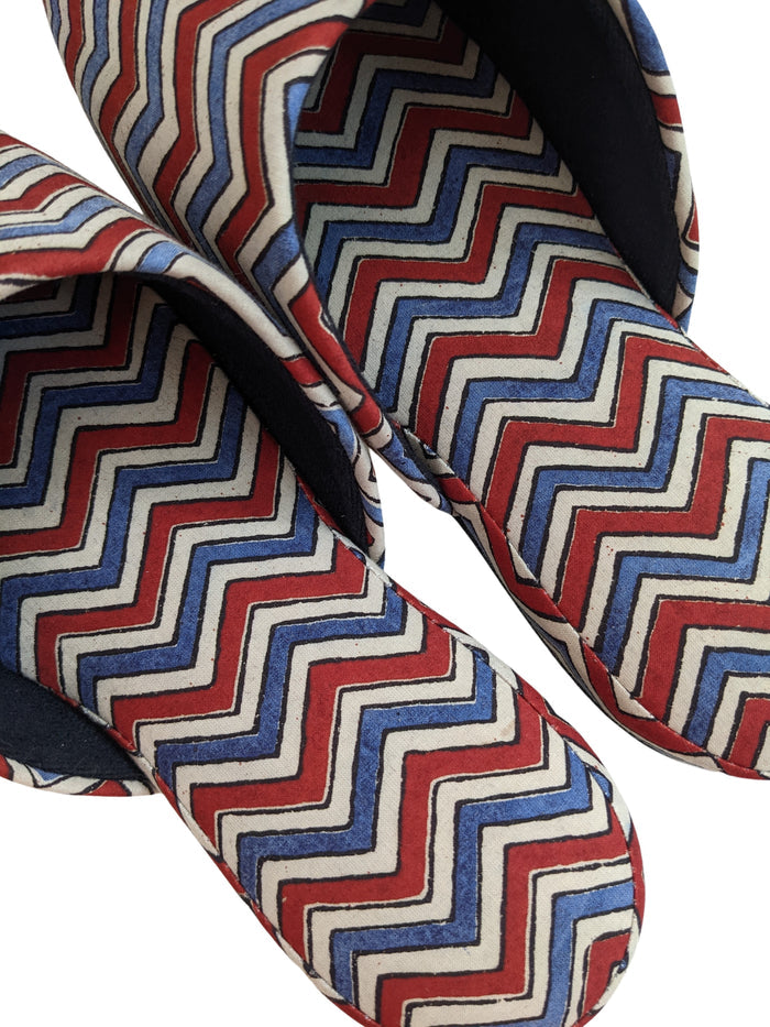 Large Block Printing Flowers Mix Slippers [Black wool felt soles] LF2208 [Size Large] zigzag - Heiwa Slipper