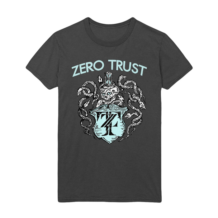 Charcoal colored short sleeve shirtwith ZERO TRUST written across the top. Below the text is a drawing of a skeleton with snakes surrounding it, drawn in white. Below the skeleton is a crest that has the letters Z and T written inside it.