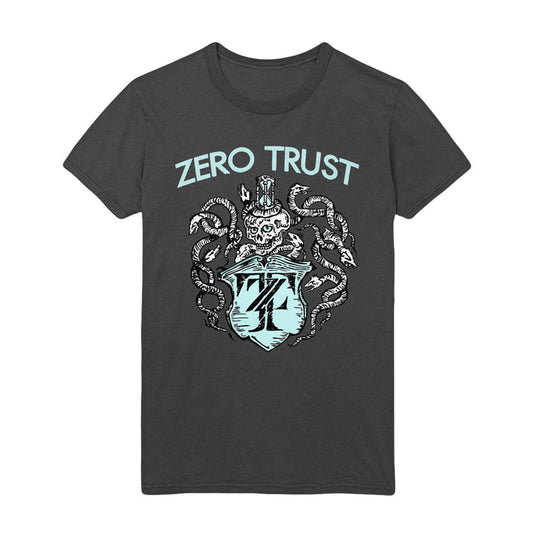 Charcoal colored short sleeve shirtwith ZERO TRUST written across the top. Below the text is a drawing of a skeleton with snakes surrounding it, drawn in white. Below the skeleton is a crest that has the letters Z and T written inside it.