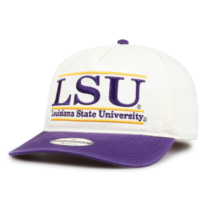LSU Original Bar snapback hat showing embroidered front design and curved brim, angled view