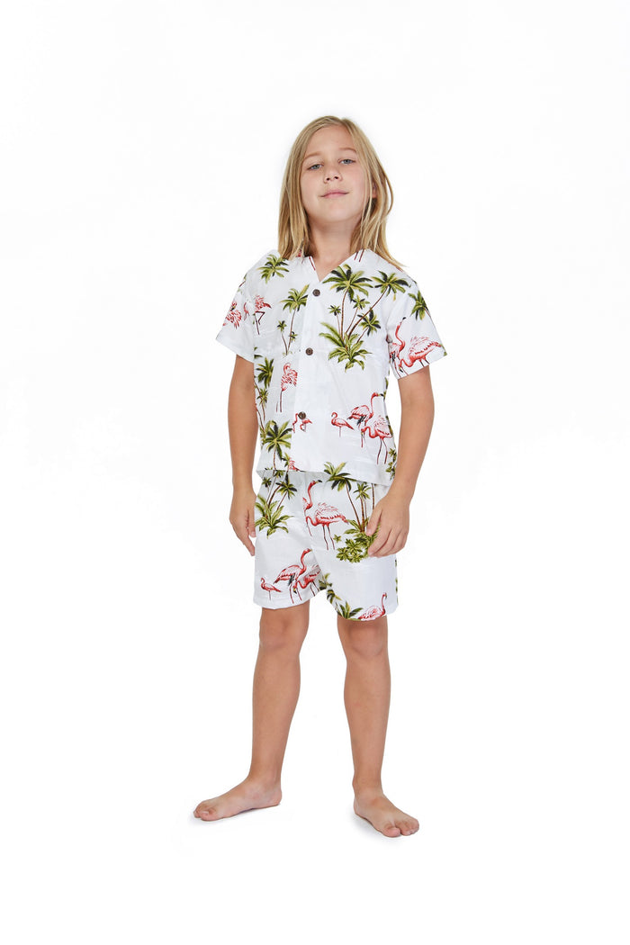 Made in Hawaii Boy Cabana Set Flamingo All Over White