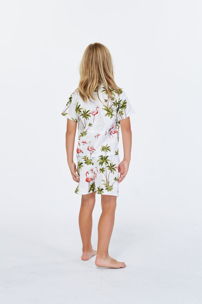 Made in Hawaii Boy Cabana Set Flamingo All Over White