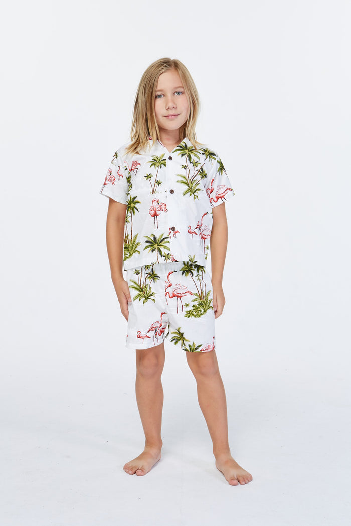 Made in Hawaii Boy Cabana Set Flamingo All Over White
