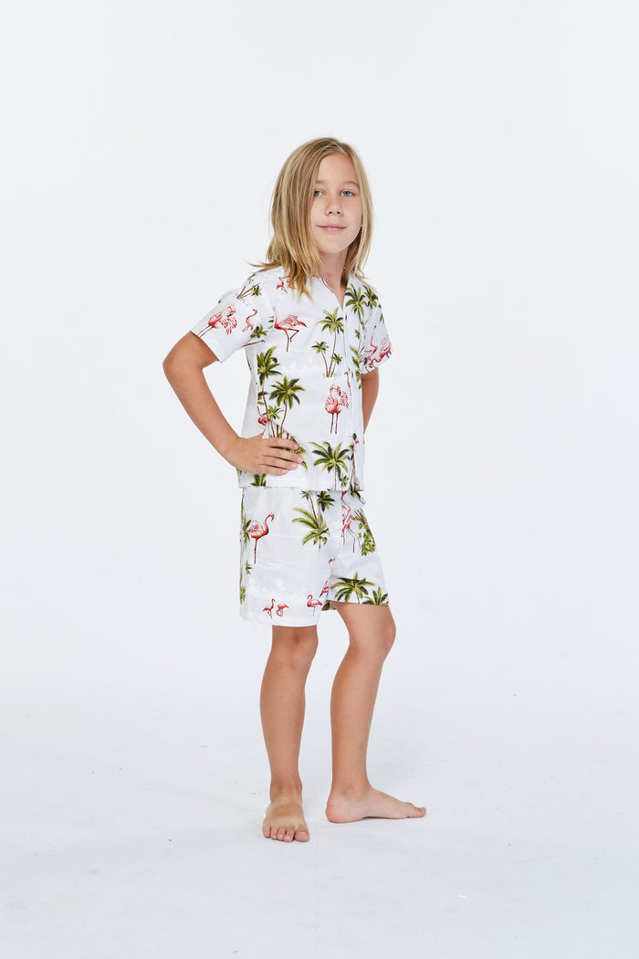 Made in Hawaii Boy Cabana Set Flamingo All Over White