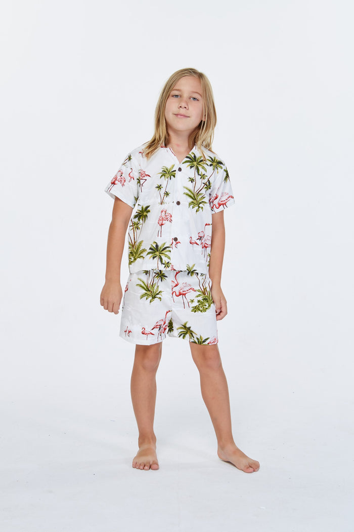 Made in Hawaii Boy Cabana Set Flamingo All Over White