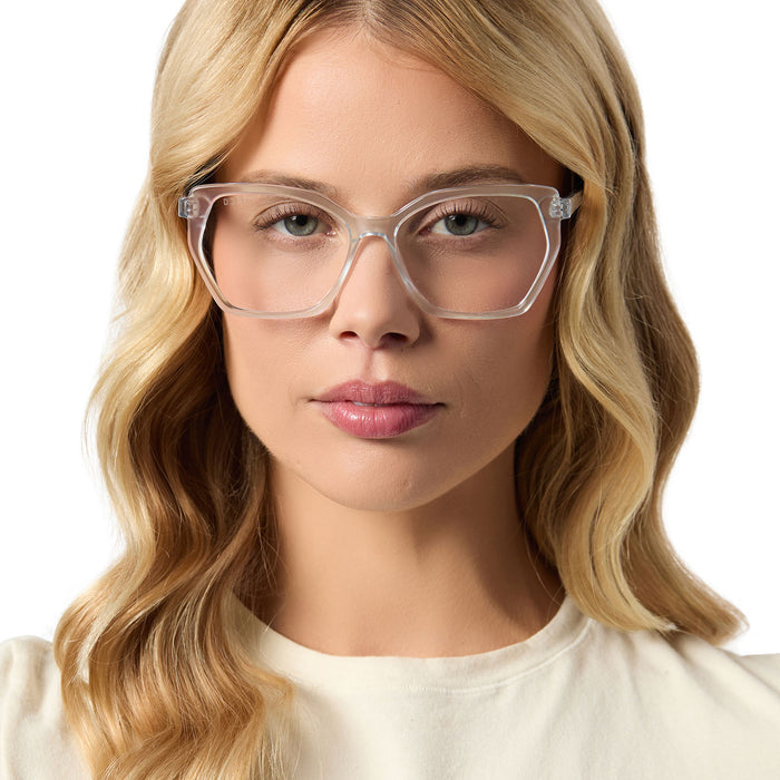 on model - female wearing diff eyewear featuring the maisie cateye glasses with a opalescent pink frame and prescription lenses front view