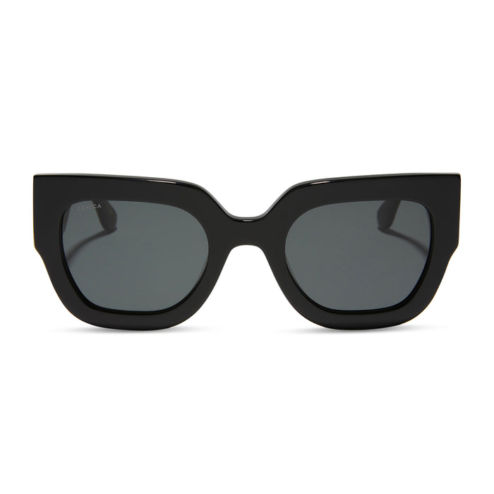 iconica diff eyewear maren square oversized sunglasses with a black acetate frame and grey polarized lenses front view