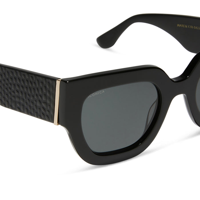 iconica diff eyewear maren square oversized sunglasses with a black acetate frame and grey polarized lenses detailed view