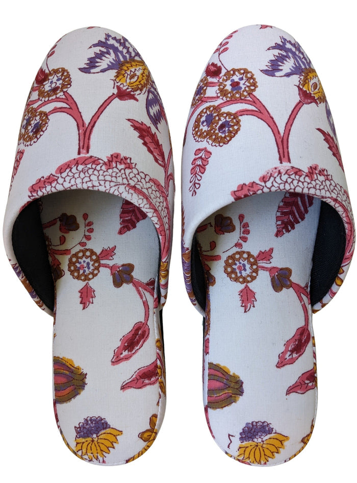 Medium Block Printing Flowers Mix Slippers [Black wool felt soles] MF2205 [Size Medium] - Heiwa Slipper