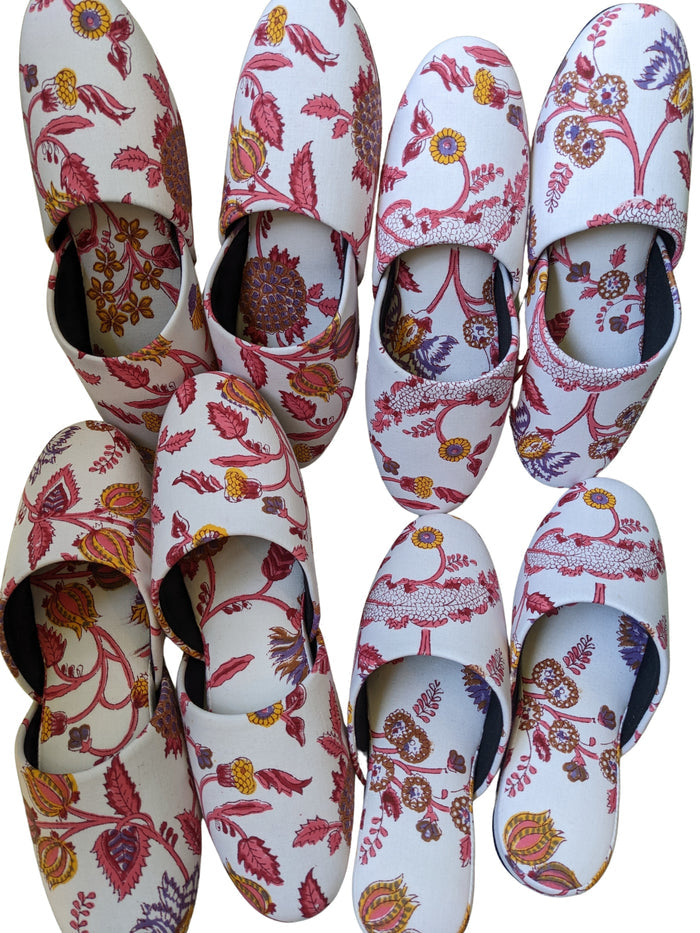 Medium Block Printing Flowers Mix Slippers [Black wool felt soles] MF2205 [Size Medium] - Heiwa Slipper