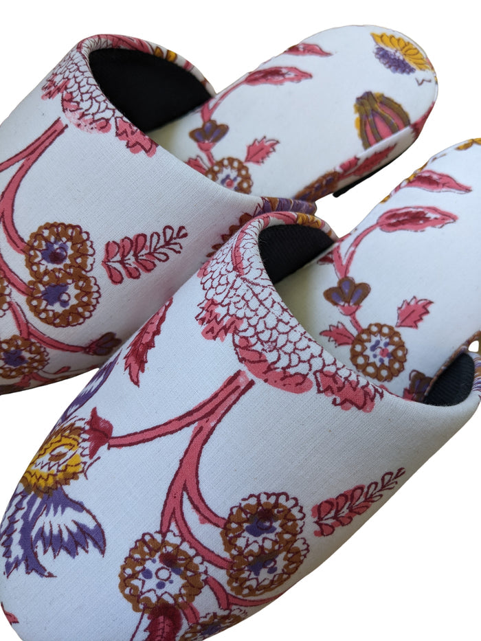 Medium Block Printing Flowers Mix Slippers [Black wool felt soles] MF2205 [Size Medium] - Heiwa Slipper