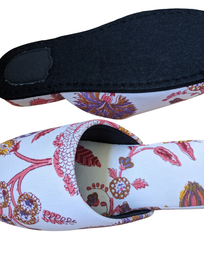 Medium Block Printing Flowers Mix Slippers [Black wool felt soles] MF2205 [Size Medium] - Heiwa Slipper