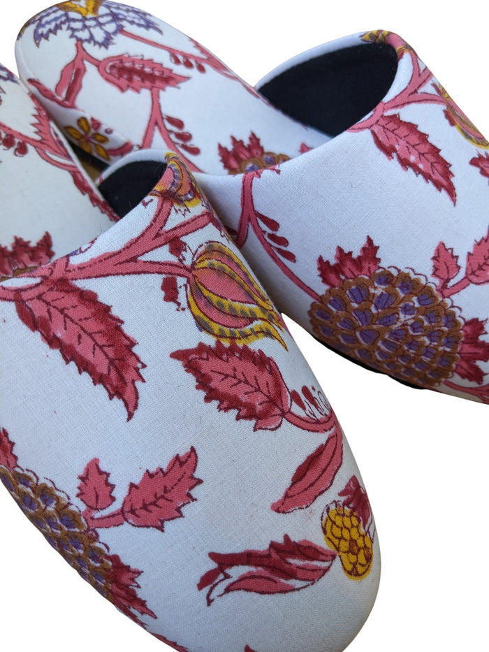 Medium Block Printing Flowers Mix Slippers [Black wool felt soles] MF2205 [Size Medium] - Heiwa Slipper