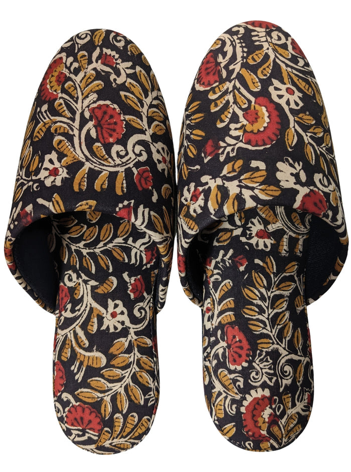 Medium Block Printing Flowers Mix Slippers [Black wool felt soles] MF2206 [Size Medium] - Heiwa Slipper