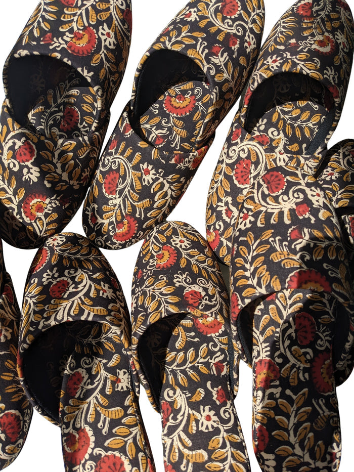 Medium Block Printing Flowers Mix Slippers [Black wool felt soles] MF2206 [Size Medium] - Heiwa Slipper